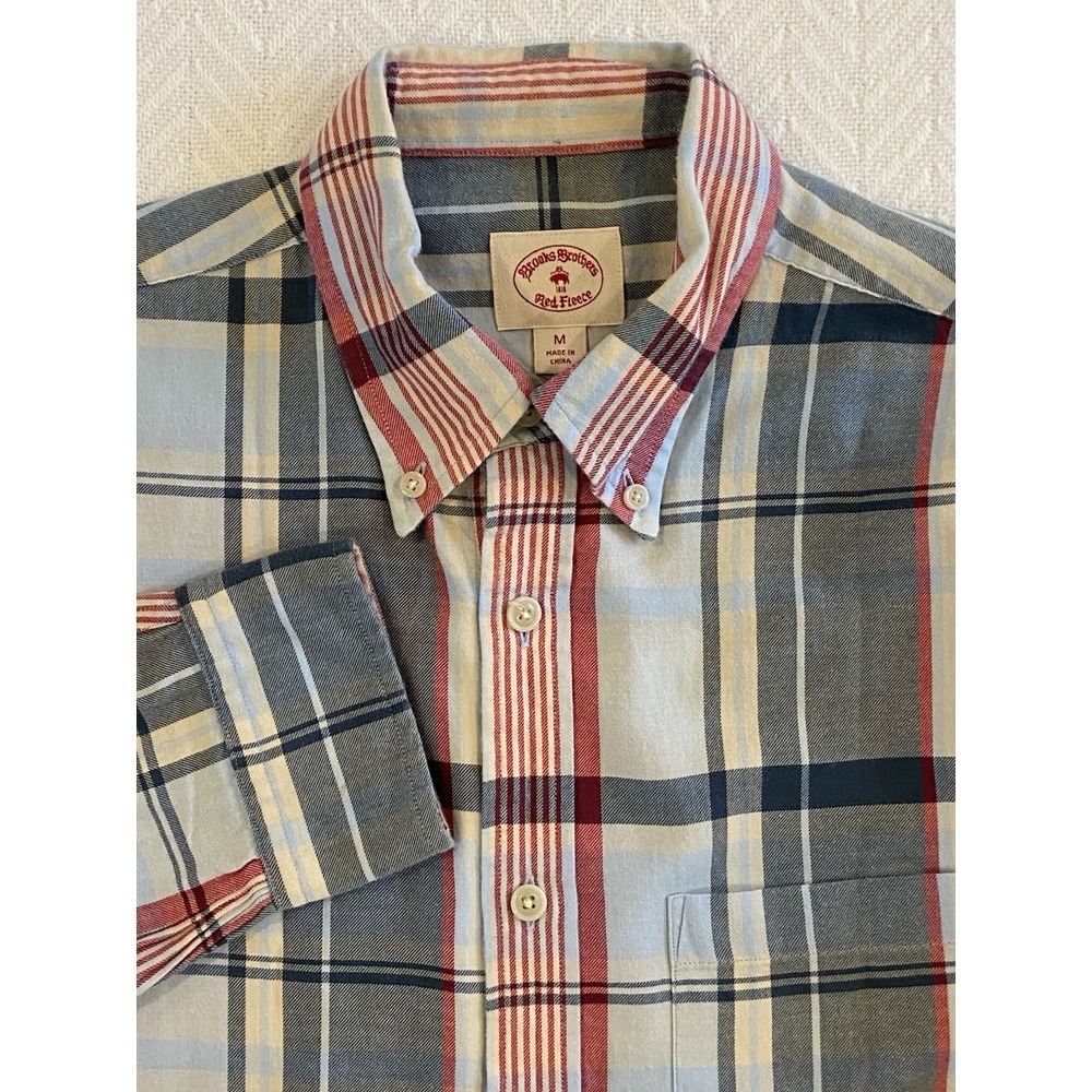 Brooks Brothers Red Fleece Sz M Red White Blue Plaid L/S Button Down Shirt EUC
